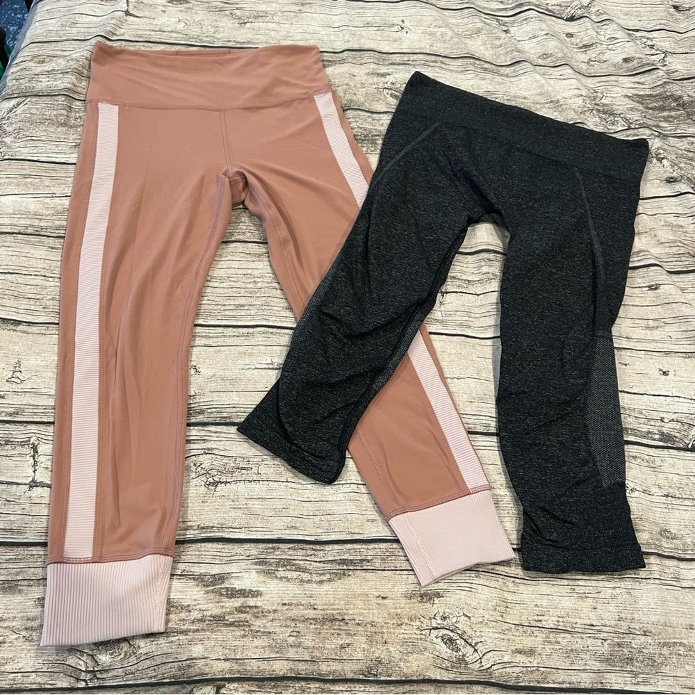 2 Pairs Athleta Leggings: 7/8 Rib Trim Elation Leggings, Seamless Crops Medium